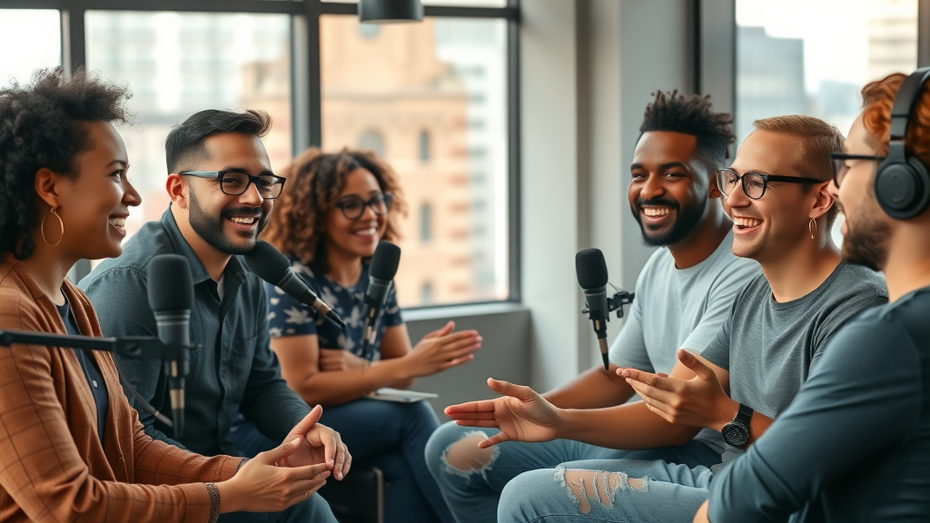 vibrant group of diverse entrepreneurs recording a baltimore entrepreneur podcast in a modern studio with cityscape