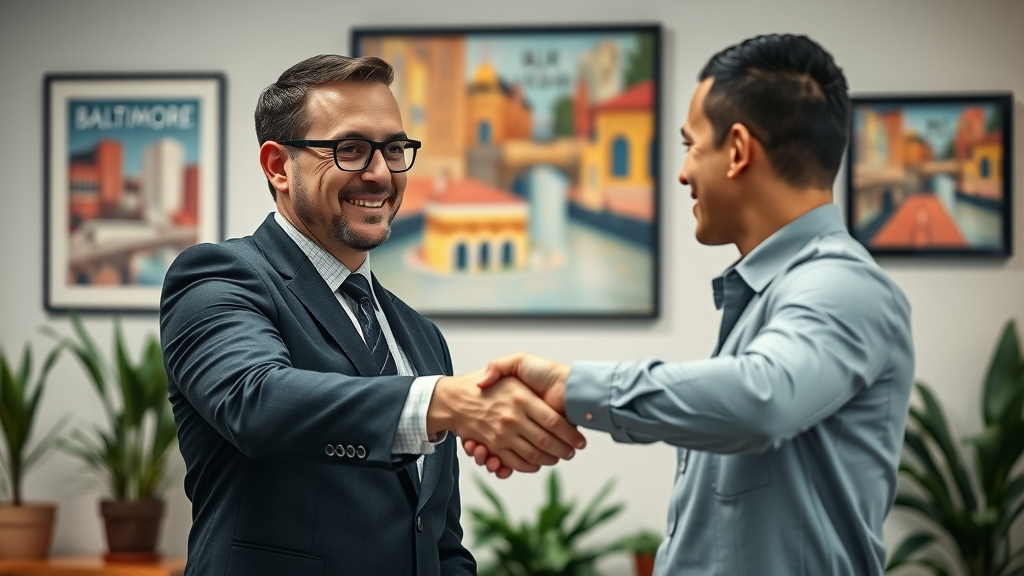 professional Baltimore marketing firm representative shaking hands with small business owner in office