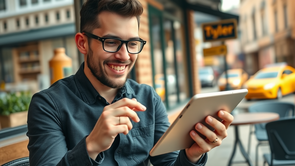 ambitious Baltimore entrepreneur creating Google Business Profile on tablet at a local café