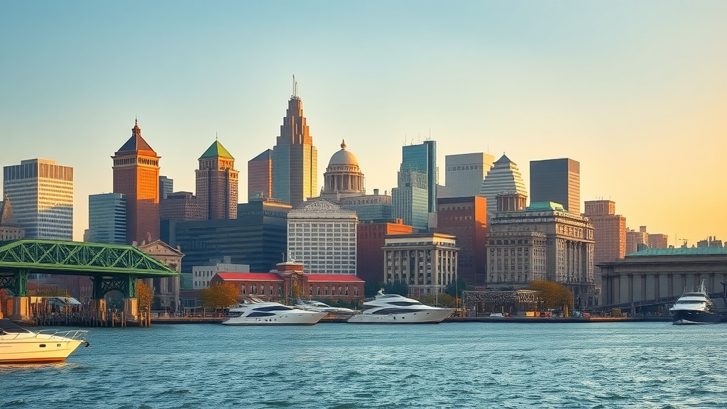 Baltimore brand awareness vibrant downtown skyline with iconic Baltimore architecture, sunlit harbor, and dynamic reflections