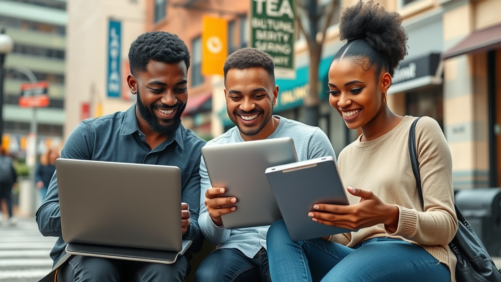 Baltimore small business owners collaborating on digital strategy and content creation, in a vibrant city streetscape, showcasing teamwork and modern digital marketing tools.