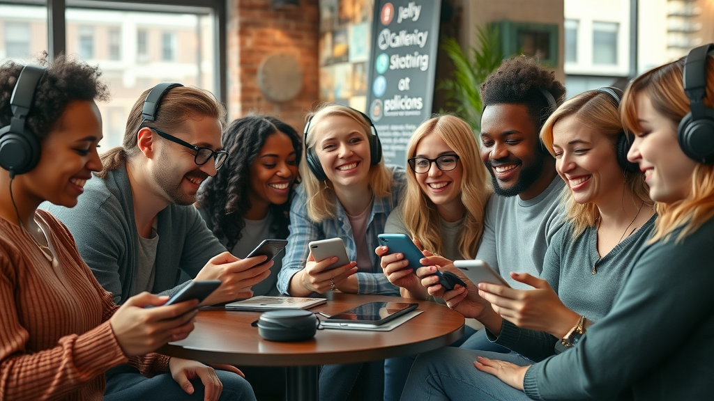 Engaged, diverse Baltimore podcast listeners tuning in at a café, symbolizing podcast audience growth Baltimore