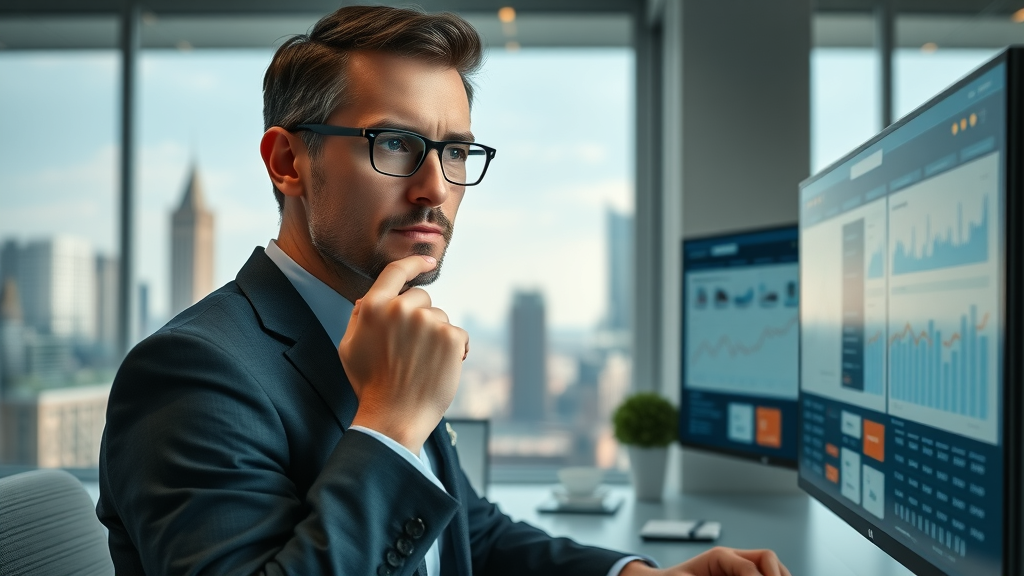 marketing professional analyzing demographic and psychographic digital dashboard, social media engagement strategies, cityscape background, data screens, highly detailed