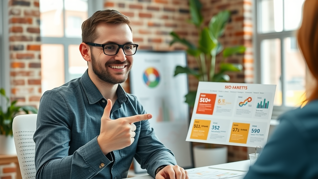 marketing consultant showing client different SEO package options for baltimore seo services