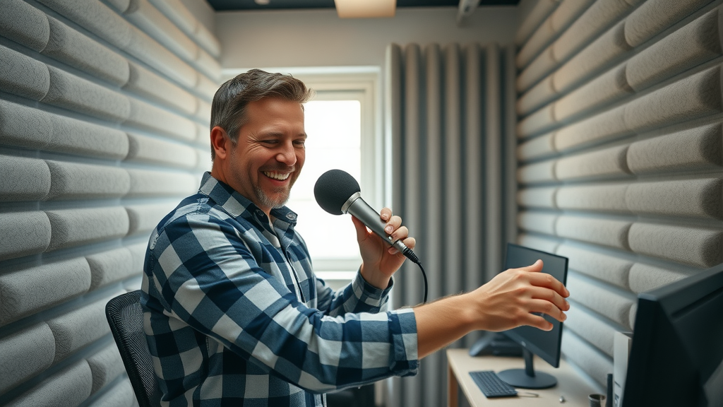 Small business podcaster setting up soundproof foam panels for best podcast audio quality