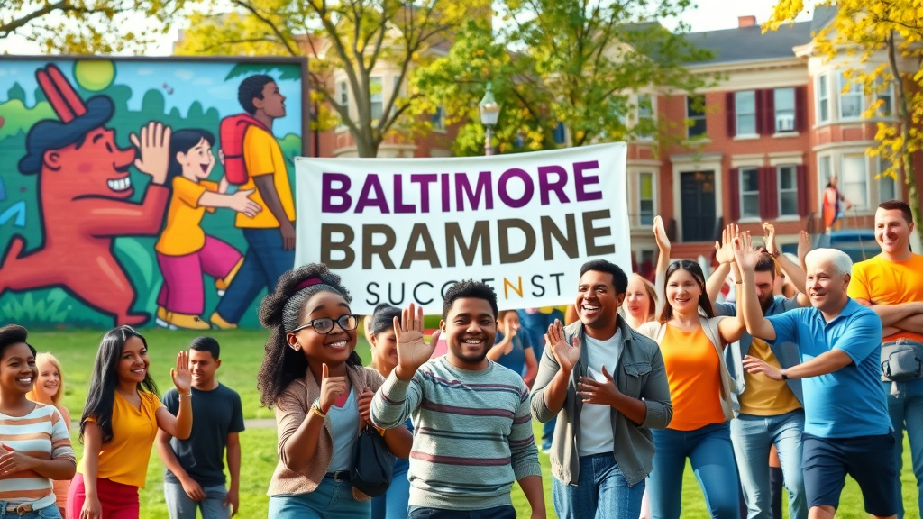 Baltimore brand awareness montage with smiling locals, vibrant event banners, community murals, celebrations in iconic city park
