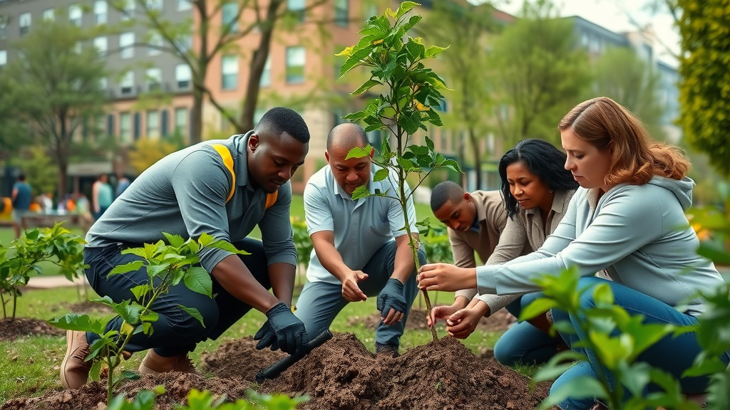 Baltimore community leaders and volunteers planting trees, showcased as local content highlighting community initiative in content marketing.