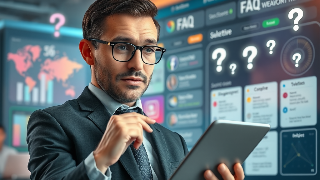 curious businessperson exploring social media engagement FAQ dashboard, social media engagement strategies, digital question marks, pastel accents, highly detailed modern digital realm