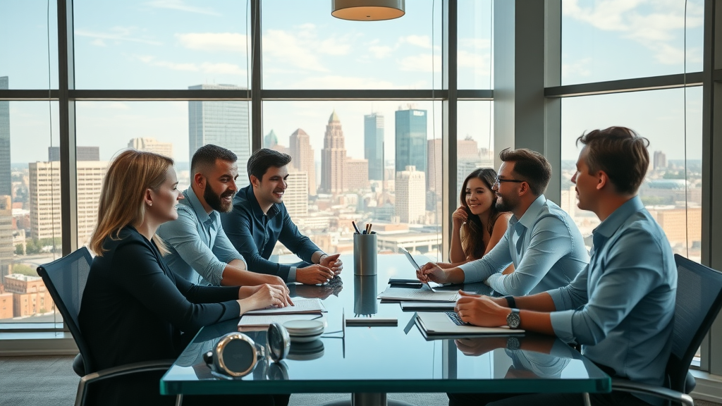 dynamic Baltimore cityscape, energetic business professionals collaborating around a conference table discussing baltimore content strategy, Cinematic, modern office setting with Baltimore skyline visible through windows, highly detailed, visible teamwork interactions, crisp clarity, natural daylight streaming in