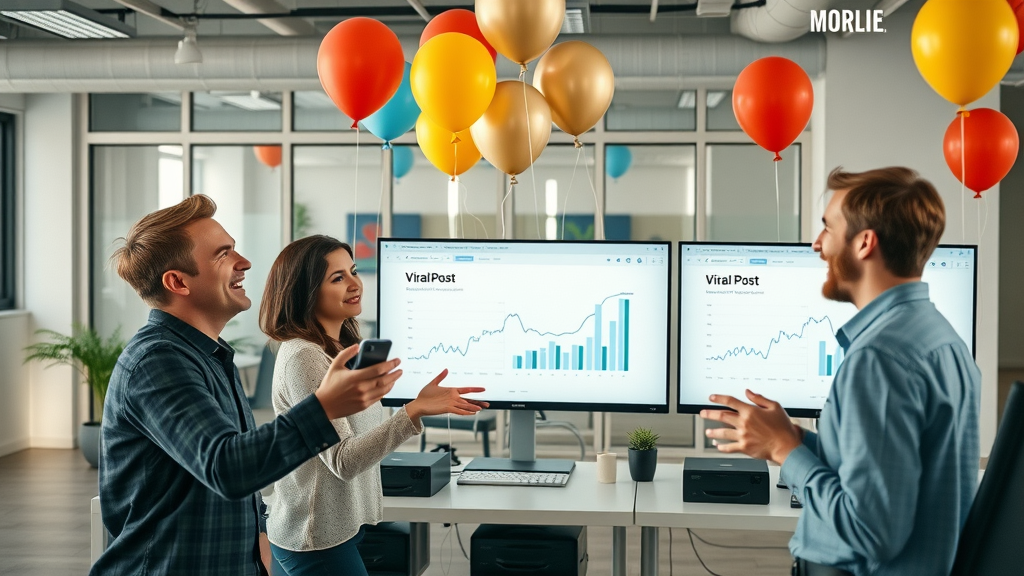 business team celebrating social media campaign success with viral analytics in workspace, social media engagement strategies, balloons and confetti, digital displays, highly detailed