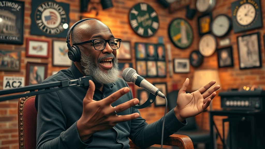 Authentic Baltimore storyteller recording podcast, representing local flavor and Baltimore podcast space