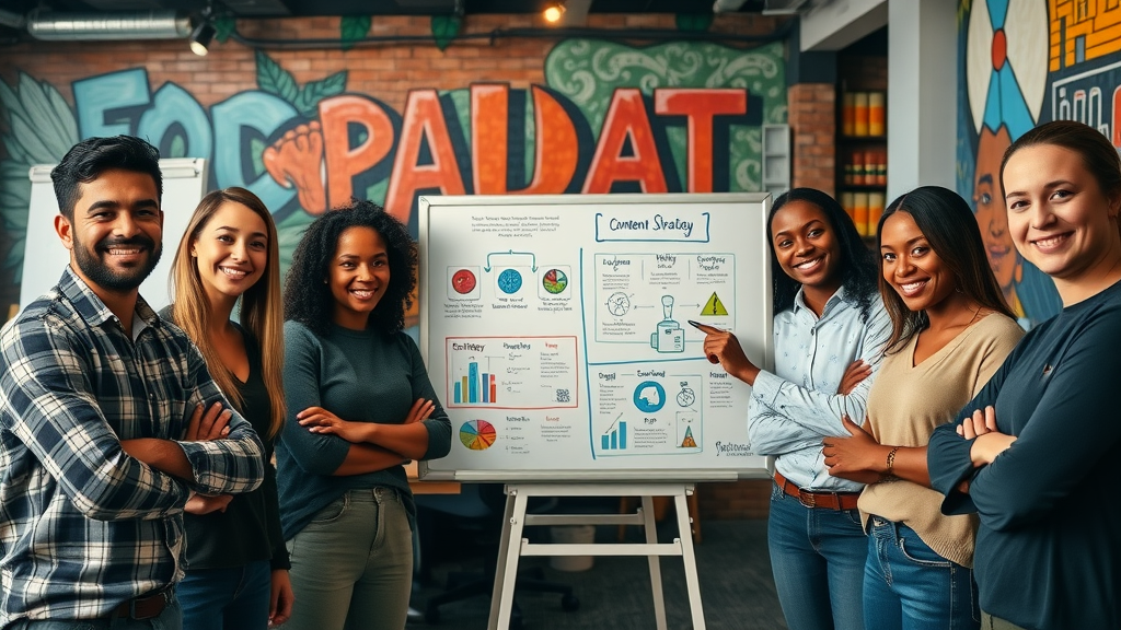 Diverse team of digital marketers presenting content strategy in creative Baltimore agency space. digital marketing and social media management Baltimore