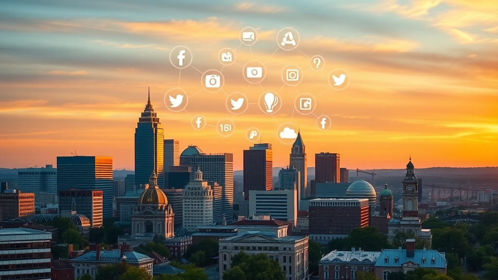 vibrant Baltimore city skyline with floating social media icons