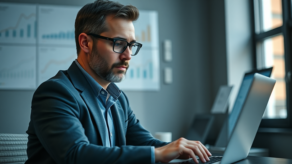 Baltimore business owner analyzing marketing analytics dashboard for content creation ROI and digital strategy adjustments.