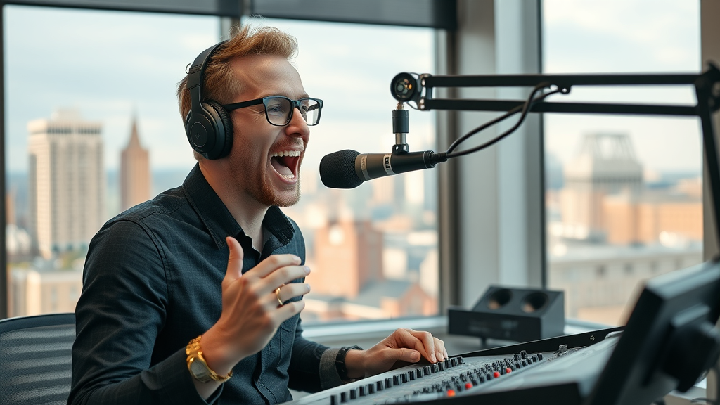 modern podcast studio in Baltimore with host using professional microphone and sound mixer, contemporary Baltimore skyline, podcast recording tips Baltimore