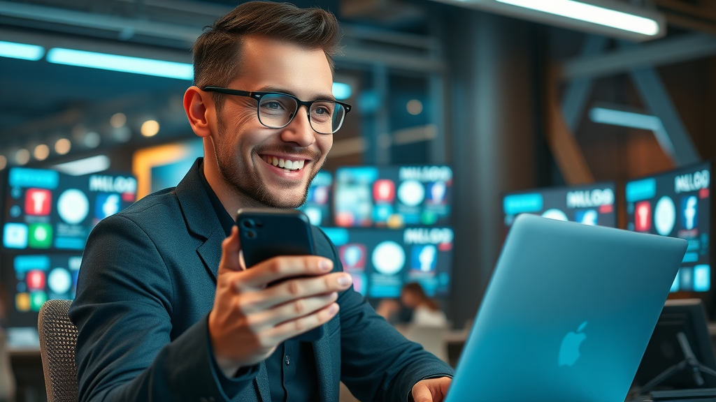 Entrepreneur uploading branding video to social platforms - social media marketing
