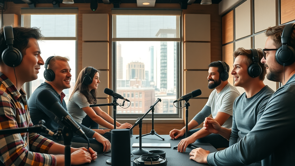 Vibrant professional podcast studio in Baltimore with podcasters and city skyline