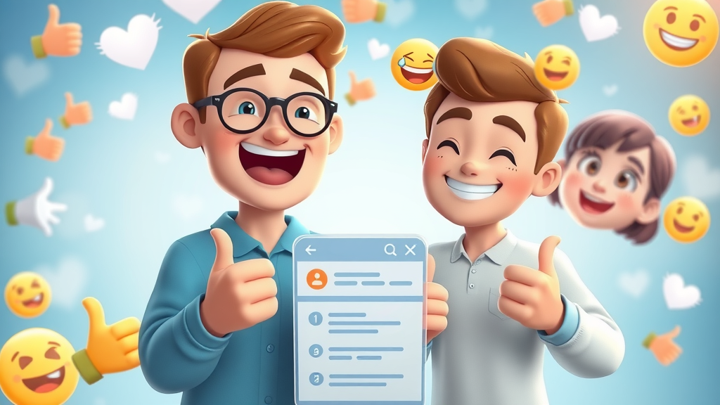 video marketing for small businesses social media feed, animated customer reactions, floating emojis and likes, lively digital background