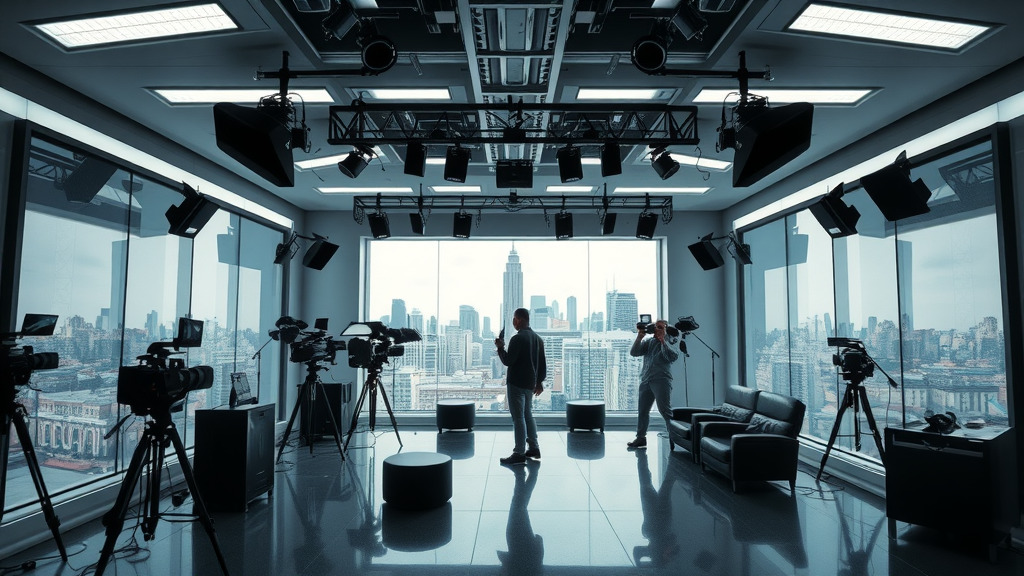 Spacious modern video studio in Baltimore with advanced video equipment and cityscape through glass panels, technicians at work.