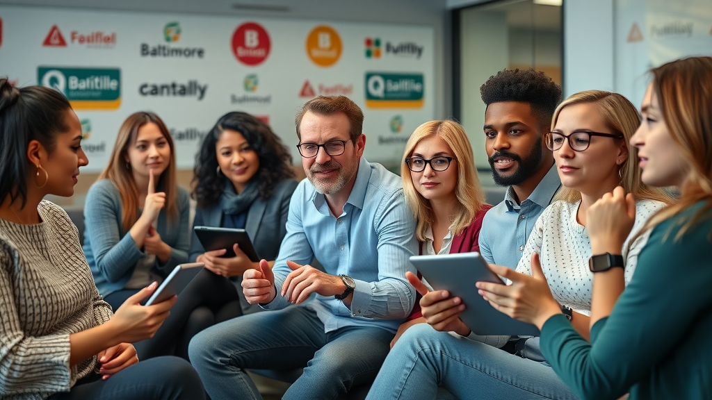 diverse group of baltimore marketers engaging in a q&a session with digital tablets, collaborative meeting room, baltimore branding motifs, thoughtful and determined