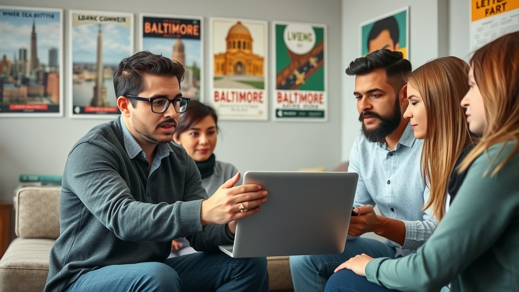 Baltimore social media strategist explaining analytics to a small business team, guiding them to find their target audience on baltimore social media platforms