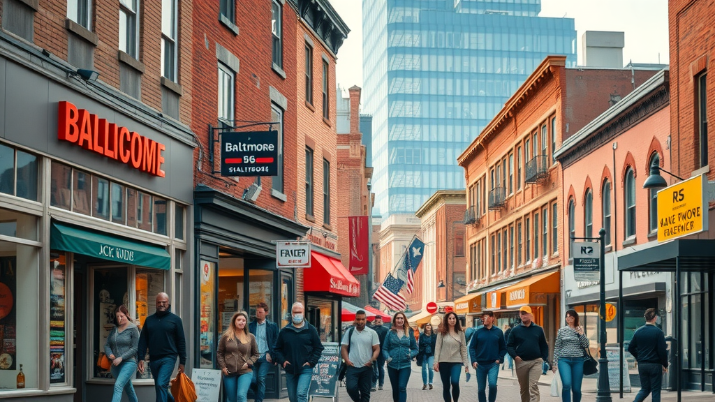vibrant Baltimore cityscape with bustling small business storefronts, local seo baltimore