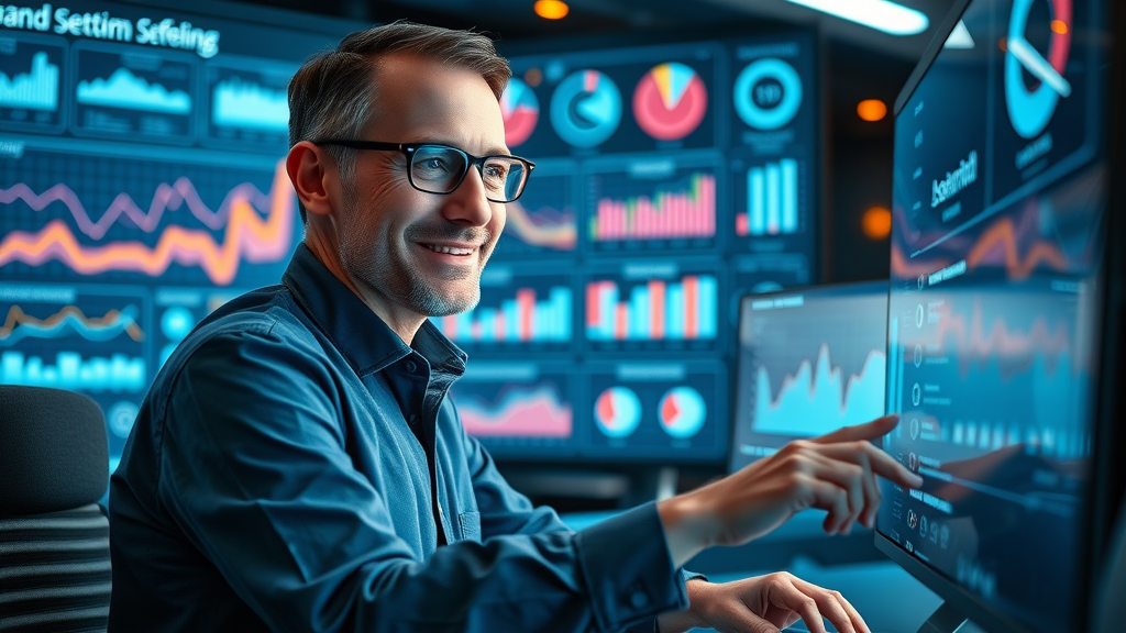 Data analyst reviewing sentiment and online brand metrics in a futuristic analytics dashboard. brand equity, digital brand management.