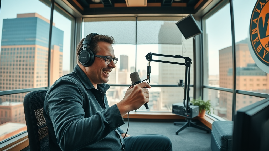 wide-angle view premier podcast studio in baltimore, host preparing for session, glass-walled booth with city views, baltimore-inspired decor