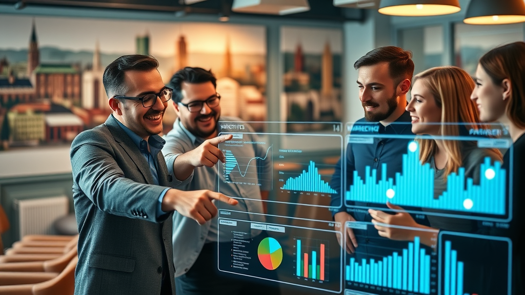 Strategic marketing agency in Baltimore creatively analyzing interactive analytics dashboard with Baltimore landmark murals