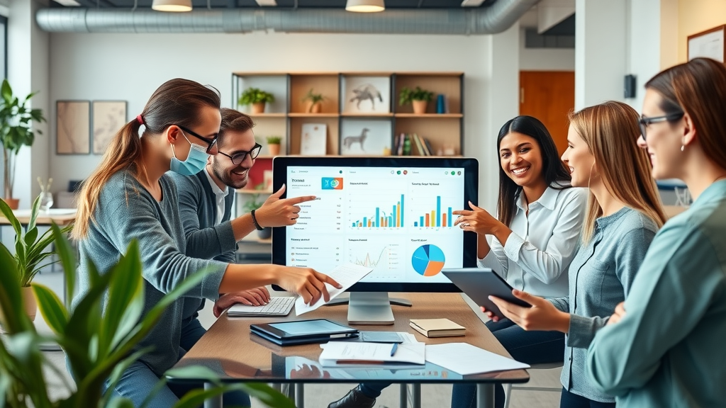 Baltimore marketing professionals collaborating on a digital marketing initiative, monitoring social media and web design analytics in a creative workspace
