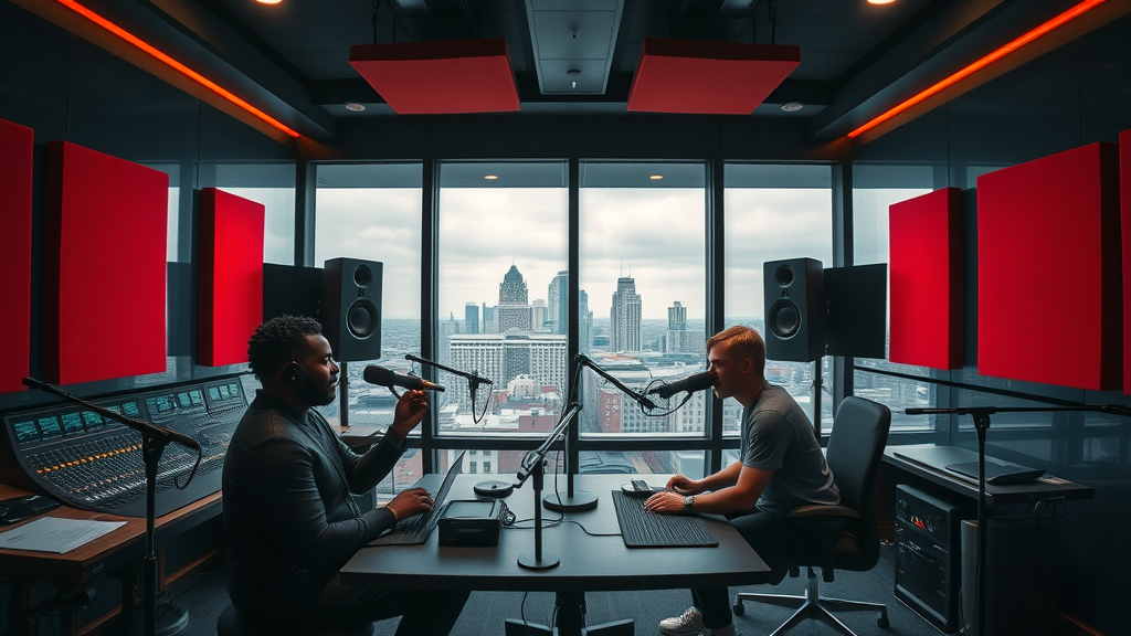 Baltimore podcast studio rental inviting recording suite professional podcast room hosts prepare microphones overlooking baltimore skyline soundproof studio in baltimore