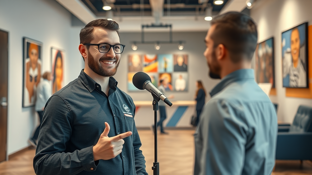 inviting modern podcast studio lobby, courteous staff member, welcoming a client, Photorealistic High Fidelity Lifelike, bright and contemporary space with local Baltimore artwork, highly detailed, gentle hustle of clients in background, neutral colors with bold accent wall, ambient indoor lighting, shot with a 24mm wide-angle lens.