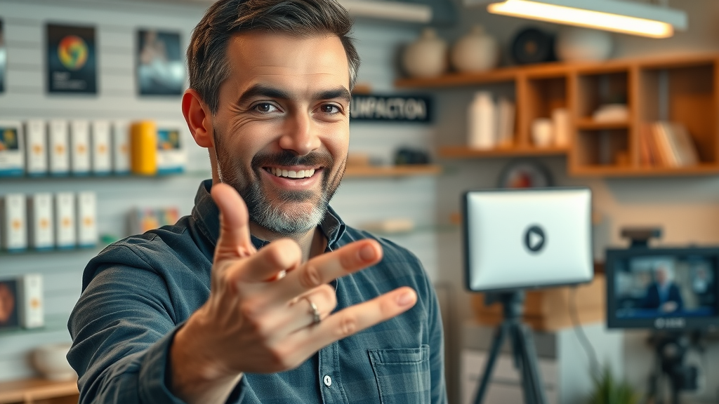entrepreneur demonstrating a new product to camera, product demo explainer video, small business workspace, marketing video, video production, photorealistic