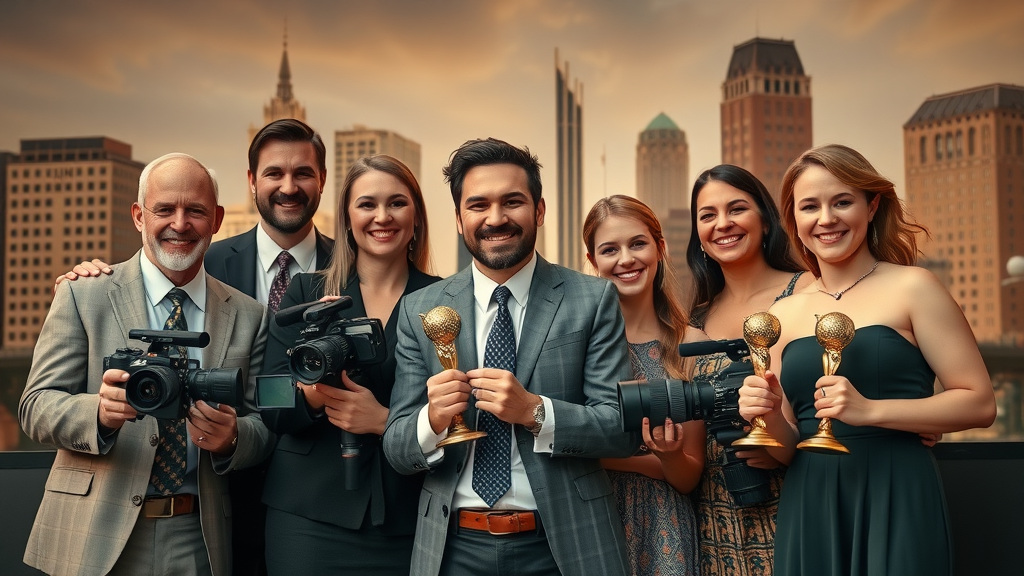 Rock Shore award-winning film team in Baltimore presenting awards and gear at an elegant ceremony with city landmarks.