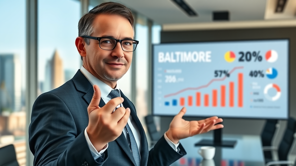 Corporate leader in Baltimore presenting ROI statistics using digital visuals in a boardroom - corporate video production baltimore