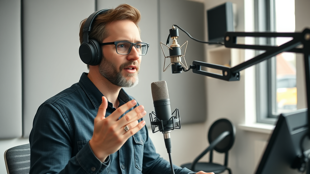 Modern podcast studio with high-quality podcasting equipment for small business, entrepreneur recording confidently