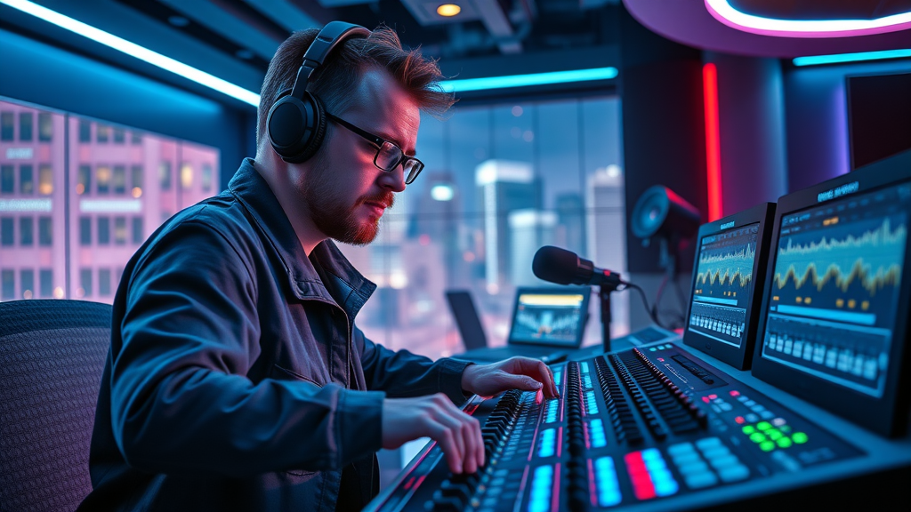 creative podcast producer, focused on audio mixing console, adjusting dials, Futuristic Sci_Fi, glowing modern studio with digital sound wave displays and Baltimore city view, highly detailed, digital sound waves animate on screens, electric blue and violet color palette, dynamic neon lighting, shot with an ultra-wide lens.