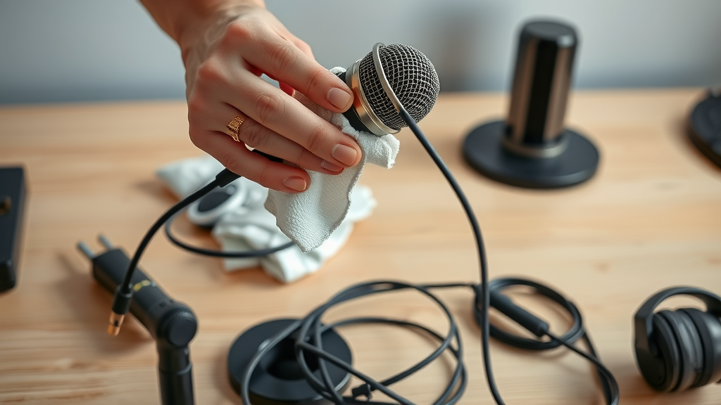 Maintaining podcasting equipment for small business: cleaning microphone and cables