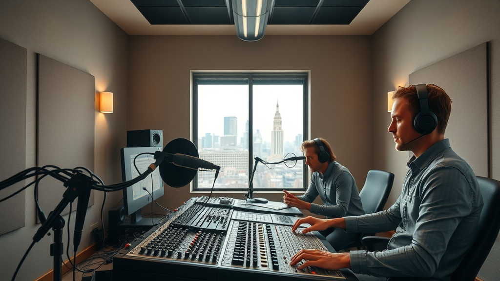 modern Baltimore multiroom podcast studio with audio engineers and skyline, showing podcast editing services baltimore and post production expertise