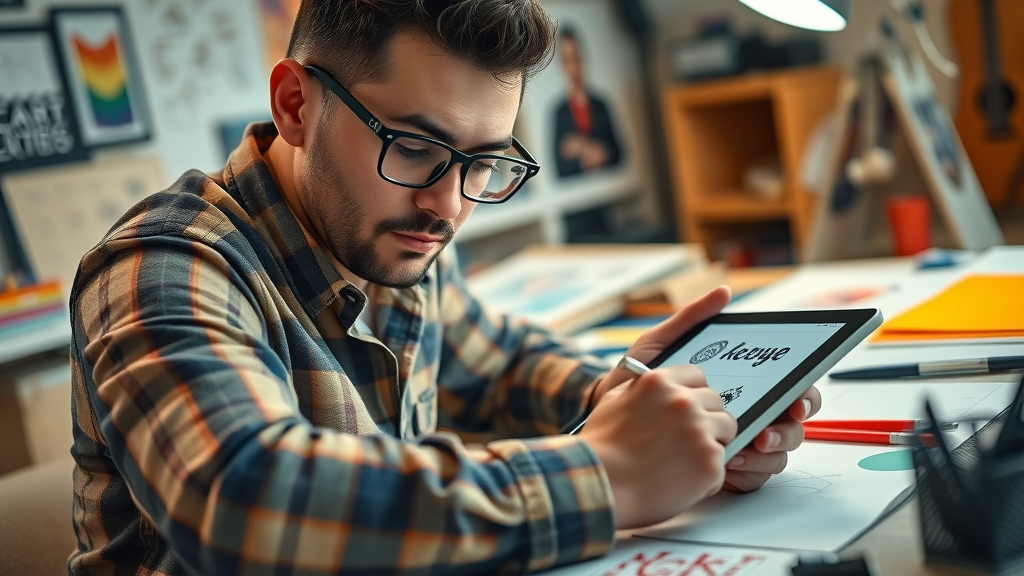creative graphic designer, focused, sketching logo design for baltimore business branding, art studio with baltimore influences