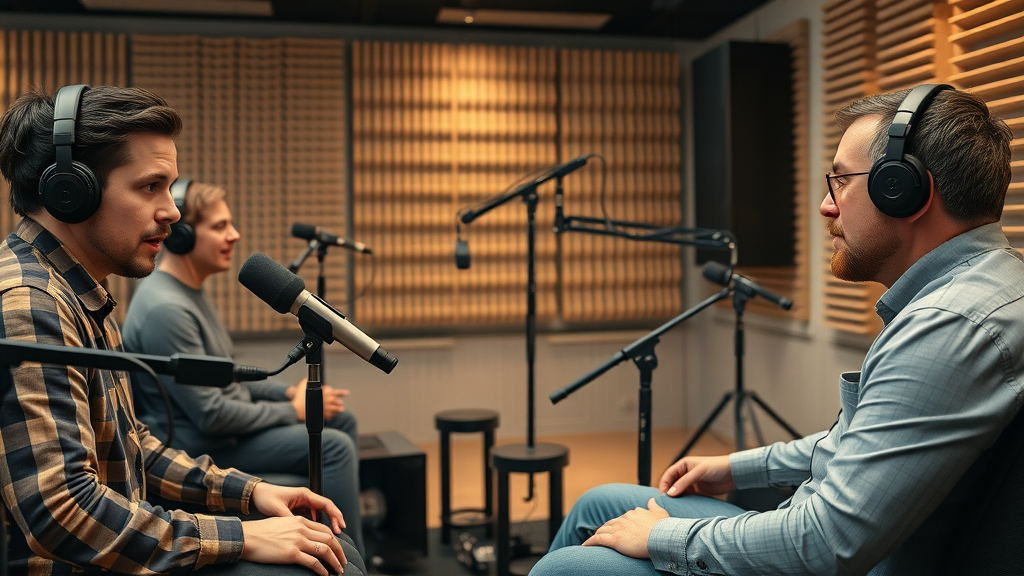 modern podcast recording studio baltimore, focused hosts and guests engaging in conversation, sleek professional equipment, microphones, headphones, soundproofing, soft studio lighting