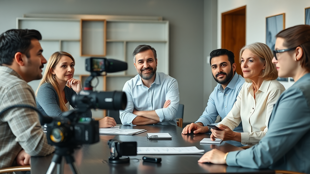 Baltimore business owners meeting with video production company and reviewing portfolio