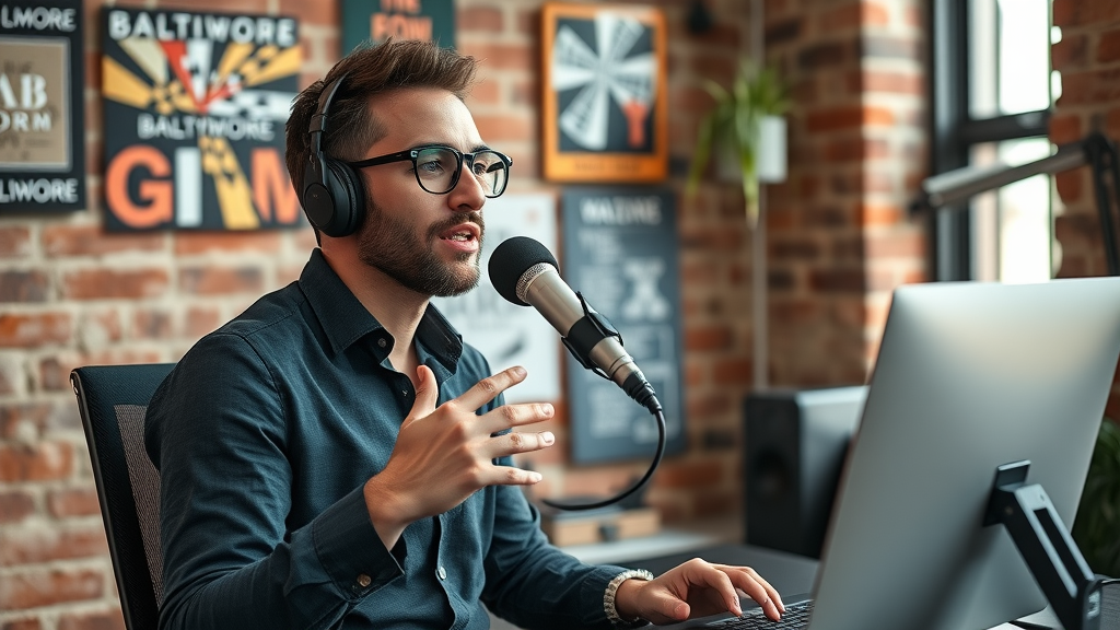 Small business owner podcasting in Baltimore urban studio, brick walls, mic, engaging and lifelike