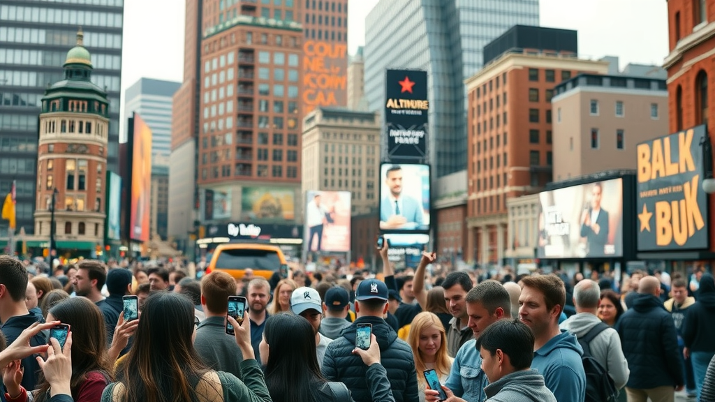 baltimore social media content strategy - vibrant downtown Baltimore cityscape with people using smartphones and digital billboards, Inner Harbor architecture, sunny urban scene, diverse crowd