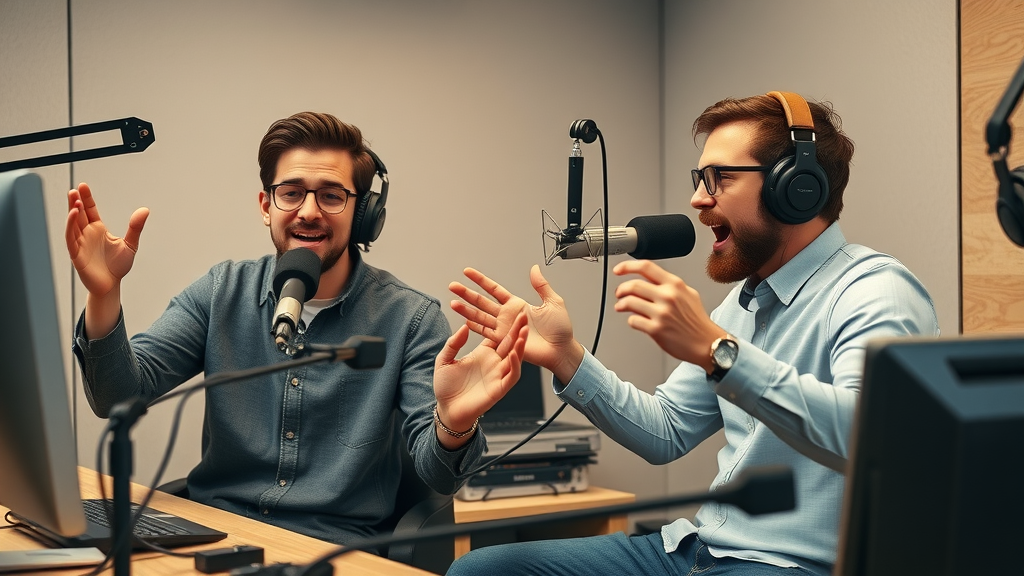 Dynamic podcast studio scene with passionate hosts recording using a modern podcasting setup for podcast promotion strategies.