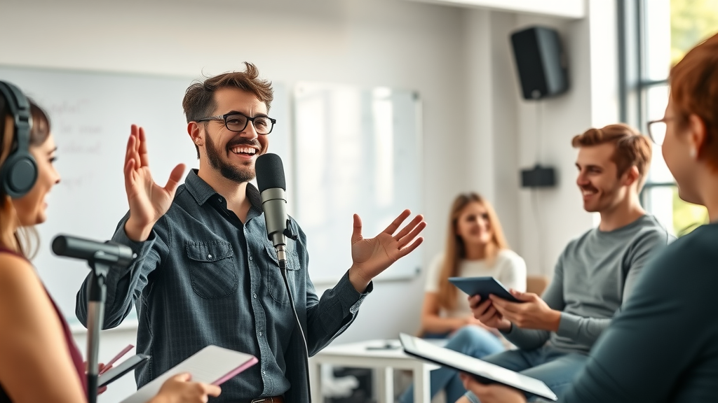 Uplifting Baltimore podcast coach demonstrating equipment tips to new podcasters in a modern studio classroom. Podcast Equipment Baltimore.