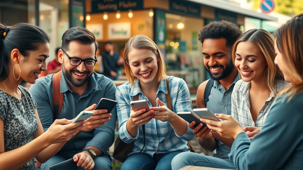 Vibrant local community interacting on social media platforms, smiling, engaging on smartphones and tablets, local social media campaigns, urban street café setting