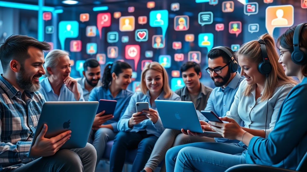 Business podcast community engagement, group chatting online with digital devices