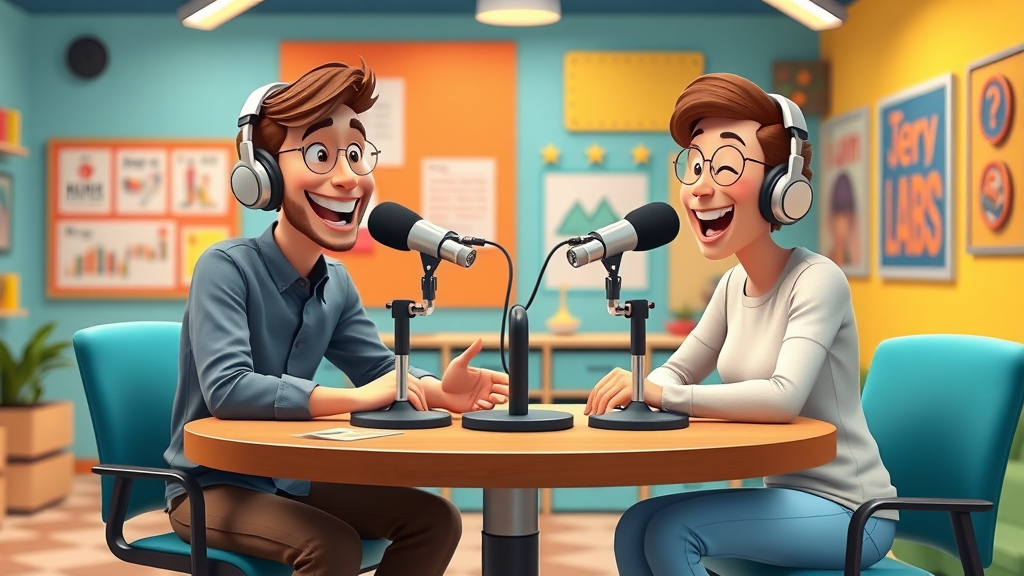 Business podcast interview, happy interviewer and guest, cartoon podcast studio