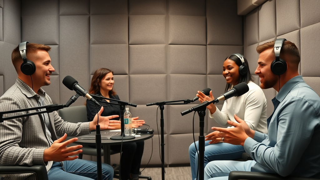 modern professional podcast studio maryland with confident hosts at microphones in a soundproof studio with acoustic panels